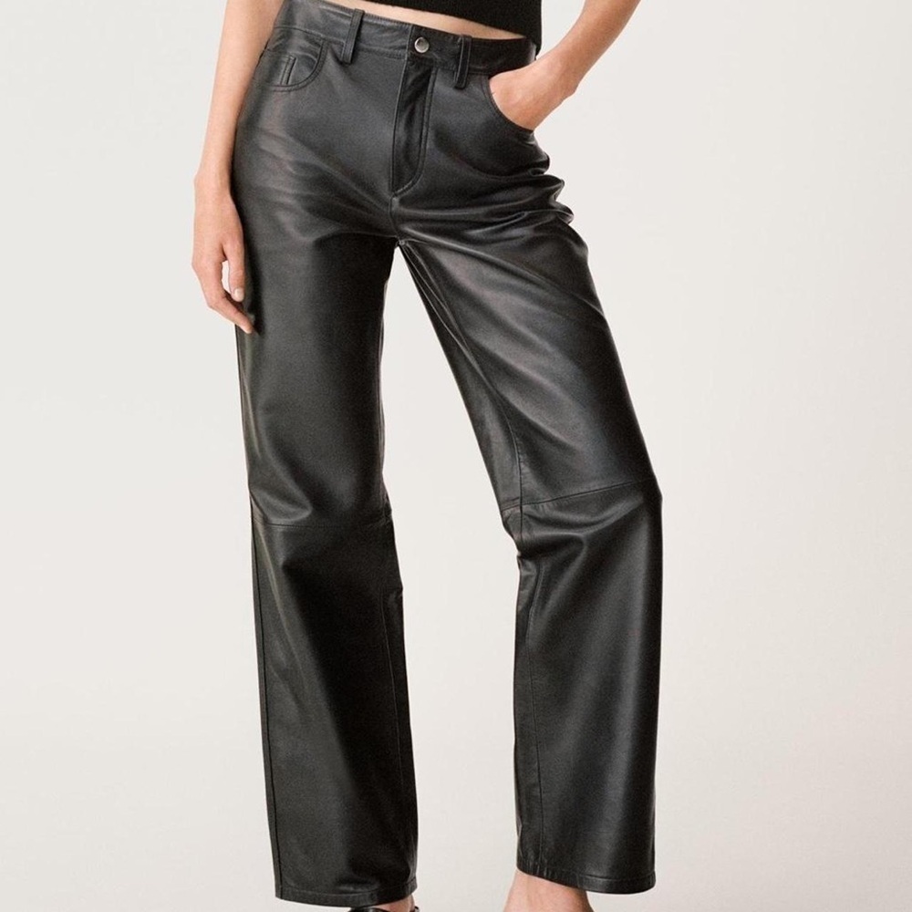 Zara Faux Leather Straight Leg Pants Black High Rise Vegan Leather Size 2 NWT - Picture 1 of 5